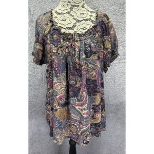 Chaps Womens 2X Floral Paisley Short Sleeve‎ Peasant Top Lightweight Boho